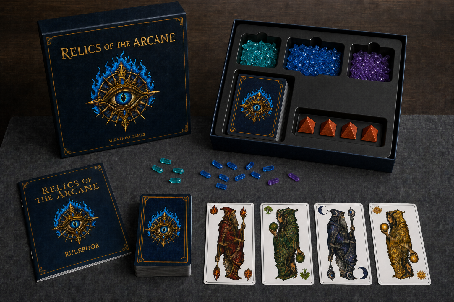 Relics of the Arcane box, rulebook, house cards, mana stones, counters and card deck